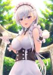  apron azur_lane bangs belfast_(azur_lane) braid breasts chain cleavage collar collarbone commentary_request corset cup eyebrows_visible_through_hair french_braid frilled_apron frills garden gloves highres holding holding_cup holding_teapot large_breasts long_hair maid maid_apron maid_headdress open_mouth plate purple_eyes silver_hair solo sunlight teacup teapot tree white_apron white_gloves white_hair yukarite 
