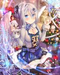  angel_wings black_legwear blue_eyes blush breasts christmas christmas_ornaments christmas_tree cleavage closed_mouth cross cross_necklace eyebrows_visible_through_hair falkyrie_no_monshou hair_ornament hairclip indoors jewelry large_breasts looking_at_viewer natsumekinoko necklace official_art short_hair silver_hair smile solo thighhighs wings 