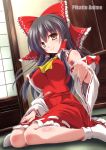  ascot beckoning bow commentary_request detached_sleeves hair_bow hair_tubes hakurei_reimu lap_pillow_invitation looking_at_viewer red_bow sitting skirt skirt_set solo touhou wariza wide_sleeves yamu_(reverse_noise) 