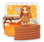  artist_name blush bow brown_bow brown_dress brown_eyes brown_footwear brown_hair brown_hairband brown_legwear cake chibi closed_mouth commentary dav-19 dress food fork full_body fur-trimmed_dress hair_bow hairband holding holding_fork honey honeycomb_(pattern) jar lace_background long_hair looking_away looking_to_the_side original pantyhose personification short_sleeves slice_of_cake smile solo standing striped striped_bow striped_hairband striped_legwear transparent_background very_long_hair watermark web_address 