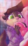  2018 absurd_res animal_genitalia animal_penis anthro canine canine_penis clothed clothing cum digital_media_(artwork) dimwitdog disney duo faceless_male fellatio female green_eyes hand_on_head hi_res male male/female mammal mrs._otterton mustelid oral otter penis pink_nose sex solo_focus tongue zootopia 
