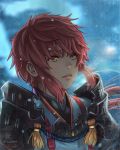  armor blue_background commentary commission lora_(xenoblade_2) parted_lips pauldrons red_hair short_hair signature snow solo stephanie_sybydlo wind xenoblade_(series) xenoblade_2 yellow_eyes 