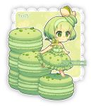  artist_name bare_arms bare_shoulders bow chibi closed_mouth commentary dav-19 dress food food_themed_hair_ornament frilled_dress frills full_body green green_bow green_dress green_eyes green_hair green_hairband hair_ornament hairband lace_background looking_away macaron original personification pistachio puffy_dress short_hair smile solo standing standing_on_one_leg strapless strapless_dress striped striped_bow transparent_background watermark web_address white_footwear 