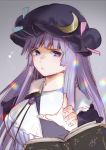  blue_ribbon book breasts brooch closed_mouth crescent crescent_hair_ornament dress frilled_shirt_collar frills grey_background hair_ornament hand_up hat hat_ribbon highres jewelry kamiyama_aya large_breasts light_particles long_hair looking_at_viewer mob_cap patchouli_knowledge pink_ribbon purple_dress purple_eyes purple_hair ribbon sidelocks signature simple_background solo touhou upper_body 