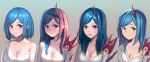  bangs blue_eyes blue_hair bob_cut braid breasts chinese_commentary cleavage closed_mouth collarbone commentary_request demon_girl expressionless eyebrows_visible_through_hair french_braid gem gradient gradient_background green_background highres horn large_breasts light_smile long_hair looking_at_viewer moonandmist off_shoulder oni_horn original parted_bangs ribbed_sweater shade shadow shiny shiny_hair shiny_skin short_hair shoulder_spikes sidelocks single_bare_shoulder smile spikes striped sunlight sweater upper_body v-neck variations white_sweater 