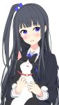  :d ^_^ absurdres animal bangs bell black_cat black_hair black_jacket blazer blue_bow blue_eyes blue_neckwear blush bow bowtie cat closed_eyes collared_shirt eyebrows_visible_through_hair hair_bow head_tilt highres holding holding_animal holding_cat jacket jingle_bell long_sleeves looking_at_viewer nanotaro one_side_up open_mouth original parted_lips shirt simple_background smile solo white_background white_shirt 