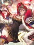  absurdres bangs blush breasts brown_hair cleavage commentary_request dress flower fur_trim gloves granblue_fantasy hair_flower hair_ornament highres kakage large_breasts looking_at_viewer psd_available purple_eyes ribbon robe rosetta_(granblue_fantasy) smile snow solo thighhighs 