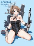  :o adapted_costume arm_support artist_name ass_visible_through_thighs bangs bare_arms bare_shoulders black_leotard blue_background blue_eyes blush breasts brown_hair character_name cleavage dated detached_collar eyebrows_visible_through_hair flight_deck full_body grey_footwear gun holding holding_gun holding_weapon intrepid_(kantai_collection) kantai_collection kneeling large_breasts leaning_back leotard looking_at_viewer open_mouth playboy_bunny_leotard ponytail rigging shadow shiny shiny_skin short_hair simple_background sitting solo strapless strapless_leotard tatsumi_ray thighs turret twitter_username wariza weapon wrist_cuffs 