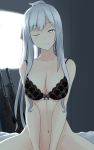  ak-12 ak-12_(girls_frontline) ak-74m arm_support assault_rifle bangs bare_arms bare_shoulders bed bed_sheet black_bra blunt_bangs bottomless bow bow_bra bra braid breasts cleavage closed_mouth collarbone commentary cowgirl_position cyka eyebrows_visible_through_hair french_braid girls_frontline groin gun half-closed_eye highres lingerie long_hair looking_at_viewer medium_breasts one_eye_closed purple_eyes ribbon rifle sidelocks silver_hair smile stomach straddling thighs underwear very_long_hair weapon window 