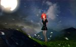  ahoge androgynous arms_behind_back aruto2498 cloud full_moon gem_uniform_(houseki_no_kuni) hill houseki_no_kuni looking_at_viewer mercury moon necktie night night_sky outdoors red_eyes red_hair scenery shinsha_(houseki_no_kuni) short_hair sky solo star_(sky) starry_sky 