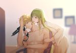  abs androgynous bangs blonde_hair blunt_bangs blurry blurry_background chair collarbone earrings enkidu_(fate/strange_fake) eyebrows_visible_through_hair fate/grand_order fate/strange_fake fate_(series) gilgamesh green_eyes green_hair hair_dryer hand_on_another's_arm hand_on_own_head highres jewelry leaning_on_person long_hair long_sleeves nipples no_shirt parted_lips red_eyes robe rrr_(reason) short_hair sitting smile upper_body whispering white_robe wide_sleeves 
