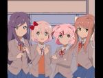  4girls 80s :d :t arms_behind_back blue_eyes blue_skirt bow brown_hair chocomiru commentary cowboy_shot crossed_arms doki_doki_literature_club english_commentary eyebrows_visible_through_hair eyes_visible_through_hair green_eyes grey_jacket hair_between_eyes hair_bow hair_ornament hair_ribbon hairclip hands_up jacket long_hair looking_at_viewer making_of monika_(doki_doki_literature_club) multiple_girls natsuki_(doki_doki_literature_club) oldschool open_mouth orange_vest pillarboxed pink_eyes pink_hair ponytail pout purple_eyes purple_hair red_bow red_ribbon ribbon sayori_(doki_doki_literature_club) school_uniform shirt short_hair skirt smile two_side_up white_ribbon white_shirt yuri_(doki_doki_literature_club) 
