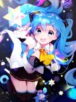  blue_eyes blue_hair character_doll floating_hair gloves goroo_(eneosu) hatsune_miku headphones headphones_removed highres long_hair open_mouth skirt solo stellated_octahedron thighhighs twintails very_long_hair vocaloid 