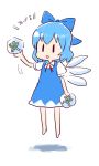  barefoot blue_hair bow cirno commentary_request dai-oki dress floating frog frozen_frog hair_bow ice ice_wings neck_ribbon open_mouth ribbon short_hair short_sleeves simple_background solo touhou translated white_background wings |_| 