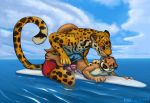 2017 anthro blue_eyes clothed clothing feline frottage humanoid_penis jaguar keovi licking lying male male/male mammal mustelid on_front one_eye_closed otter outside penis precum rudder sea sex size_difference surfboard surfing swimming_trunks swimsuit tongue tongue_out topless water 