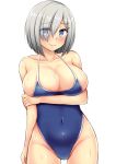  blue_swimsuit blush breasts cleavage collarbone competition_swimsuit covered_navel cowboy_shot eyebrows_visible_through_hair eyes_visible_through_hair hair_ornament hair_over_one_eye hairclip hamakaze_(kantai_collection) hand_on_own_arm hand_on_thigh kantai_collection kisaragi_nana large_breasts lips looking_at_viewer one-piece_swimsuit revealing_swimsuit short_hair silver_hair simple_background smile solo swimsuit white_background 