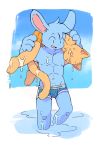  anthro blue_fur bulge burgerpants carrying cat clothed clothing duo feline fur lagomorph male mammal nicecream_man rabbit rokuyon swimsuit tan_fur topless undertale underwear video_games wet 