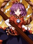  :d blue_skirt eyebrows_visible_through_hair eyes_visible_through_hair hair_ornament highres leaf_hair_ornament long_sleeves looking_at_viewer onbashira open_mouth puffy_sleeves purple_eyes rope ruu_(tksymkw) shimenawa short_hair short_over_long_sleeves short_sleeves skirt smile solo touhou yasaka_kanako 