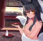  absurdres ahri alcohol animal_ears arm_under_breasts bare_arms black_hair breast_hold breasts cherry_blossoms commentary cup fox_ears fox_tail hair_over_breasts highres large_breasts league_of_legends long_hair looking_at_viewer mizuki_ryuu nude partially_submerged sakazuki sake smile solo tail water whisker_markings yellow_eyes 