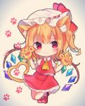  :3 animal_ears ascot blonde_hair cat_ears cat_tail collared_shirt commentary_request eyebrows_visible_through_hair eyes_visible_through_hair flandre_scarlet frilled_shirt_collar frilled_skirt frills full_body gem gloves gradient gradient_background hair_ribbon hands_up hat hat_ribbon highres hoshino_yura kemonomimi_mode light_blush looking_at_viewer medium_hair mob_cap one_side_up paw_background paw_gloves paw_print paws petticoat puffy_short_sleeves puffy_sleeves red_eyes red_footwear red_ribbon red_skirt red_vest ribbon shirt short_sleeves skirt socks solo tail thick_eyebrows touhou twitter_username vest white_legwear white_shirt wings yellow_neckwear 