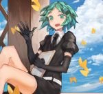  androgynous aruto2498 blue_sky bug butterfly clipboard cloud day elbow_gloves gem_uniform_(houseki_no_kuni) gloves green_eyes green_hair houseki_no_kuni insect looking_at_viewer open_mouth phosphophyllite short_hair sky smile solo waving 