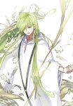  ayanolity black_neckwear collarbone enkidu_(fate/strange_fake) fate/grand_order fate/strange_fake fate_(series) feathers green_hair hair_over_one_eye long_hair open_mouth robe simple_background white_background white_eyes white_robe wide_sleeves 