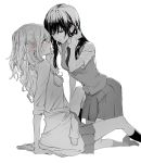  aihara_mei aihara_yuzu blush citrus_(saburouta) clothes_around_waist commentary_request ear_blush face-to-face greyscale kneeling long_hair looking_at_another minakata_sunao monochrome multiple_girls necktie school_uniform sitting skirt spot_color sweat sweater_around_waist twintails vest yuri 