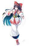  ainu_clothes black_hair blue_eyes bow c.r. commentary_request fingerless_gloves gloves hair_bow hairband highres long_hair nakoruru red_bow reverse_grip samurai_spirits short_sleeves snk solo the_king_of_fighters very_long_hair 