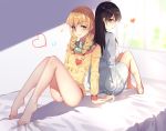  aihara_mei aihara_yuzu barefoot bed black_hair blonde_hair blush citrus_(saburouta) feet green_eyes heart highres multiple_girls panties purple_eyes underwear white_panties wujia_xiaozi yuri 