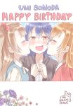  bangs birthday blue_hair blush character_name cheek_kiss closed_eyes commentary_request double_cheek_kiss embarrassed eyebrows_visible_through_hair girl_sandwich grey_hair hair_between_eyes kiss kousaka_honoka long_hair love_live! love_live!_school_idol_project minami_kotori multiple_girls one_side_up open_mouth orange_hair sandwiched shijimi_kozou smile sonoda_umi upper_body yellow_eyes 