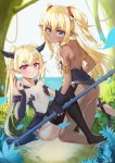  2girls ass bare_back bare_shoulders black_legwear black_leotard black_skirt blonde_hair blue_eyes braid commentary_request dark_skin edelgard flat_chest han_mao_ji_moki highres horns isekai_maou_to_shoukan_shoujo_dorei_majutsu kneeling krebskrum leaning_back leotard long_hair looking_back miniskirt multiple_girls pointy_ears polearm red_eyes revealing_clothes scrunchie sitting skirt smile strapless strapless_leotard tail thighhighs twintails two_side_up weapon 