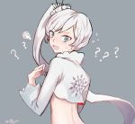  ? @_@ blue_eyes clothes_removed ecru long_hair ponytail rwby scar scar_across_eye shocked_eyes solo squiggle sweatdrop twitter_username weiss_schnee white_hair 