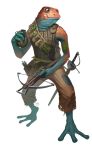  amphibian anthro armor barefoot belt clothed clothing crossbow dungeons_&amp;_dragons frog grippli holding_object holding_weapon melee_weapon official_art pathfinder pouch quiver ranged_weapon rapier simple_background sword tongue tongue_out weapon white_background yngvar_asplund 