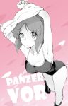  armpits arms_up breasts commentary_request competition_school_swimsuit feet_out_of_frame girls_und_panzer limited_palette looking_at_viewer medium_breasts monochrome muteki_soda nishizumi_miho one-piece_swimsuit pink_background solo swimsuit undressing 