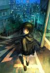  black_eyes black_hair brown_eyes building calligraphy_brush_(medium) city cityscape expressionless hand_in_pocket highres hood hoodie jacket looking_at_viewer millipen_(medium) original road scenery short_hair tokunaga_akimasa traditional_media urban 