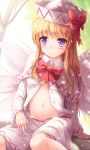  blonde_hair blue_eyes bow bowtie capelet commentary_request eyebrows_visible_through_hair eyes_visible_through_hair fairy_wings hat hat_bow highres lily_white long_hair long_sleeves looking_at_viewer lzh navel open_clothes red_bow red_neckwear smile solo stomach touhou wings 