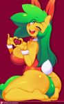  &lt;3 3mangos anthro big_breasts blush breasts bunny_costume butt cleavage clothed clothing costume equine fan_character female green_hair hair horse kneeling mammal mango_(character) my_little_pony one_eye_closed playboy_bunny pony solo wink 