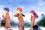  2boys absurdres black_bag black_skirt blue_eyes blue_hair blush brown_eyes brown_jacket brown_pants building cross_print day emiya_shirou fate/stay_night fate_(series) hair_ribbon highres homurahara_academy_uniform jacket lamppost magazine_request matou_sakura matou_shinji multiple_boys neck_ribbon open_mouth orange_hair outdoors pants parted_lips print_neckwear print_ribbon purple_eyes purple_hair red_neckwear red_ribbon ribbon school_uniform shirt skirt sky taa_(acid) talking translation_request tree white_shirt 