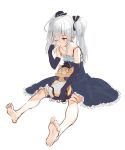  barefoot doll_joints dress elbow_gloves feet frilled_dress frills gloves gothic_lolita granblue_fantasy hat igarashi_youhei lolita_fashion long_hair mini_hat orchis silver_hair sitting soles stuffed_toy twintails 