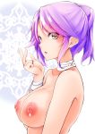  bangs blush breasts commentary_request eyebrows_visible_through_hair from_side hand_up highres large_breasts looking_at_viewer nipples nude open_mouth original parted_bangs parted_lips ponytail purple_hair sidelocks solo takara_akihito upper_body yellow_eyes 