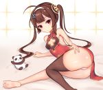  1girl ahoge ass azur_lane bare_arms bare_shoulders barefoot breasts brown_hair chinese_dress closed_mouth dress feet female hair_ornament hairband legs long_hair looking_at_viewer lying on_side panda panties pantyshot pantyshot_(lying) ping_hai_(azur_lane) red_eyes shiny shiny_skin single_thighhigh small_breasts soles solo stuffed_animal stuffed_panda sv_mnm thighhighs thighs toes twintails underwear white_panties 