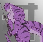  2018 abe_(myroneterni) anthro biceps big_muscles bulge butt claws clothed clothing dinosaur english_text exercise grin hi_res holding_object jockstrap looking_at_viewer male markings muscular muscular_male nightterror nipples partially_clothed pecs pink_eyes purple_nipples purple_skin rope simple_background smile solo standing teeth text theropod thick_tail thick_thighs tyrannosaurus_rex underwear vein weightlifting workout 