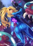  alien ass blonde_hair blue_bodysuit blue_eyes bodysuit breasts eyelashes eyeshadow from_behind gun handgun helixel high_ponytail highres lips long_hair looking_back makeup medium_breasts metroid metroid_(creature) open_mouth patreon_username pistol samus_aran skin_tight solo_focus weapon zero_suit 