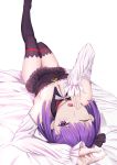  absurdres bare_shoulders black_legwear bow detached_sleeves dress eyebrows_visible_through_hair fate/grand_order fate_(series) flat_chest frills hair_bow helena_blavatsky_(fate/grand_order) highres looking_at_viewer one_eye_closed purple_eyes purple_hair short_dress short_hair skirt solo strapless strapless_dress thighhighs white_sleeves xian_yu yawning 