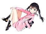  ancotaku balloon_animal black_eyes black_hair commentary_request jacket legs long_sleeves original pink_legwear shoes shorts socks twintails uniform white_background 