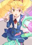  badge blonde_hair blue_legwear capcom clenched_hand commentary_request eyebrows_visible_through_hair green_eyes haruno_shuu heterochromia long_hair ophiuchus_queen red_eyes rockman ryuusei_no_rockman school_uniform shirogane_luna simple_background snake solo striped striped_legwear transformation transforming_clothes twintails 