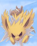  angry blue_background commentary creature eevee falling full_body furrowed_eyebrows gen_1_pokemon glitchedpuppet jolteon lowres no_humans open_mouth pokemon pokemon_(creature) running signature teeth yellow_eyes 