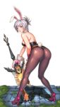  animal_ears ass bangs bare_shoulders battle_bunny_riven black_leotard blue_eyes breasts bunny_ears bunny_tail bunnysuit detached_collar eyebrows_visible_through_hair fake_animal_ears full_body gloves hairband hand_on_own_thigh high_heels highres holding holding_sword holding_weapon league_of_legends leaning_forward leotard lips looking_back medium_breasts moss pantyhose parted_lips paw_gloves paws pink_footwear riven_(league_of_legends) shiny shiny_clothes shiny_skin short_hair sideboob silver_hair simple_background single_glove solo standing stone_floor strapless strapless_leotard sword tail tsurime turna98 weapon white_background white_gloves white_hairband 
