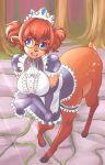  2017 blanca-d blue_eyes breasts brown_hair cervine clothing crown deertaur detailed_background dress embarrassed eyewear female glasses hair mammal open_mouth solo standing taur tree 