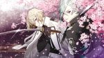  black_gloves blonde_hair branch cherry_blossoms egasumi eyes_visible_through_hair gloves green_hair higekiri_(touken_ranbu) highres hizamaru_(touken_ranbu) jacket_on_shoulders katana kazari_tayu looking_back male_focus multiple_boys petals red_eyes smile sword tassel touken_ranbu weapon yellow_eyes 